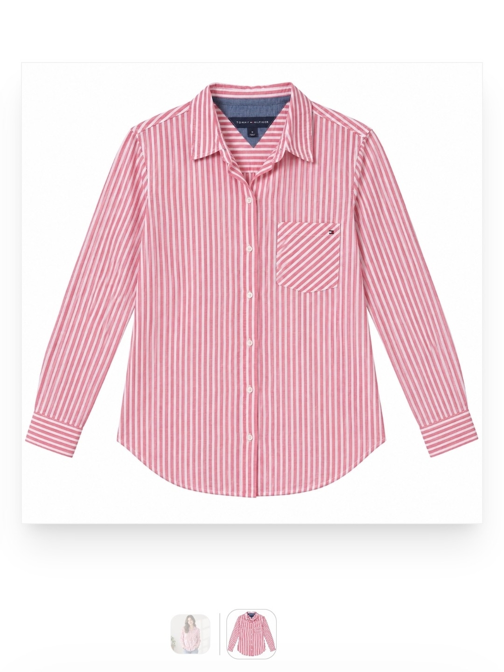 Tommy Hilfiger Women's Pink and White Stripped Button Down Long Sleeve Shirt M